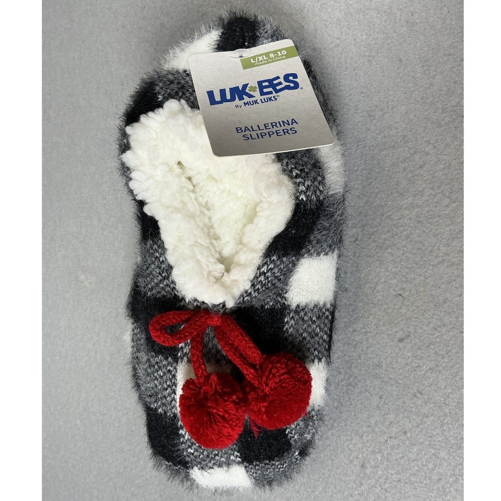 LUKEEES MUK LUKS Ballerina Slippers Women's L/XL 8-10 Buffalo Plaid Faux Fur NWT